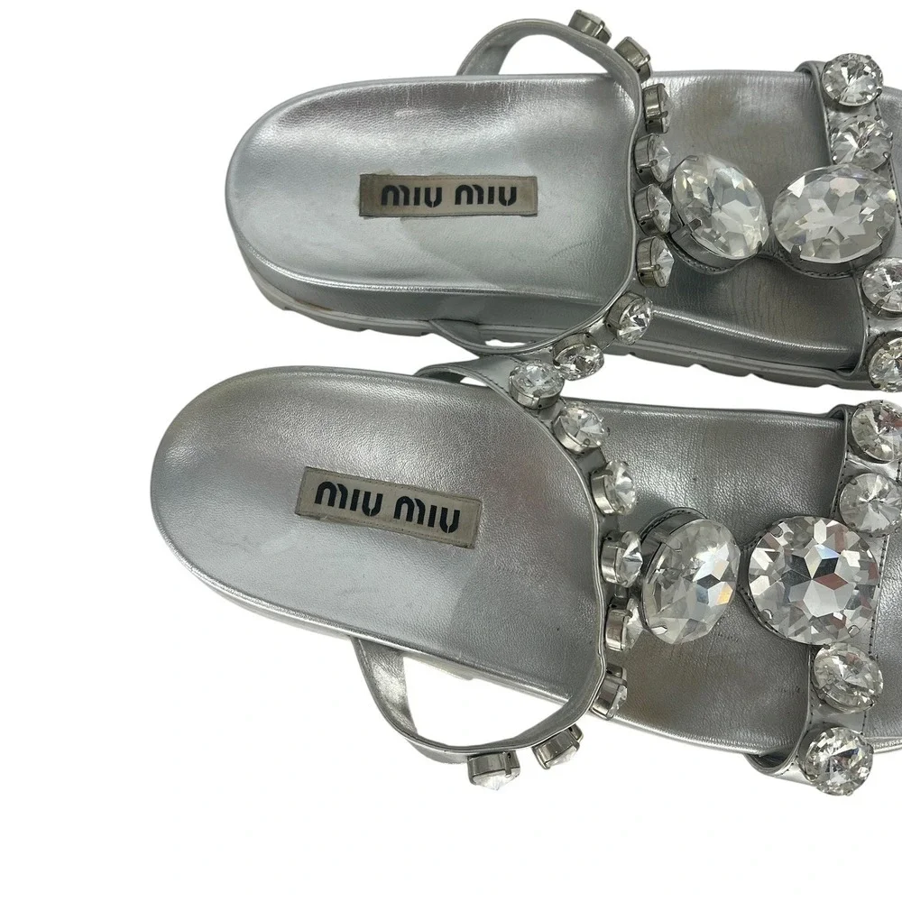 Miu Miu Argento Crystal Embellished Platform Slide Sandals Silver Size 39.5